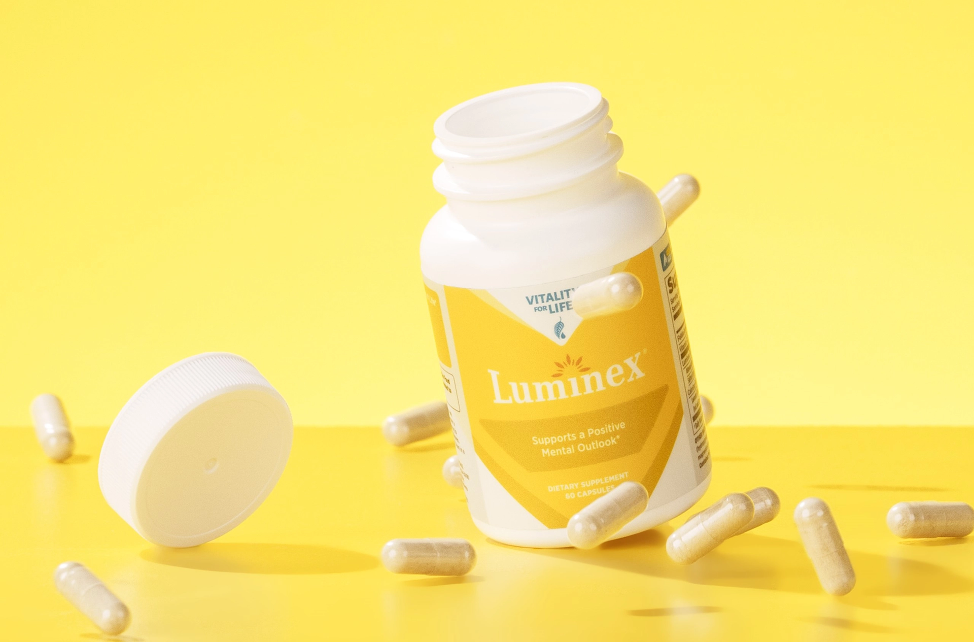 A bottle of Melaleuca’s Luminex mood support supplement.